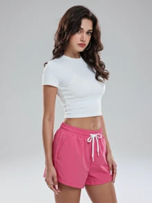 Pantalones cortos casuales con cintura elástica y cordón, con bolsillos laterales - Rosa Fucsia - Ver 7