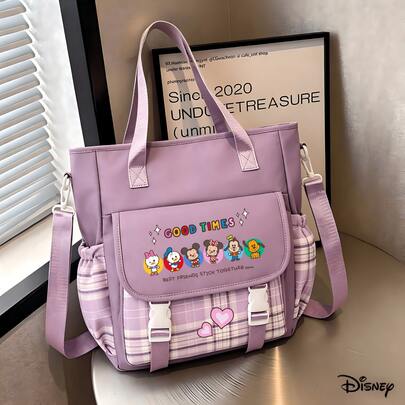 Disney Shopper - "Good Times" Mickey & Friends Muster Lila Karomuster Schultertasche, kann als Handtasche, Laptoptasche, Tutoriumstasche, Umhängetasche verwendet werden, leicht zu tragen, modische Tasche geeignet für Arbeit, Studium und täglichen Weg