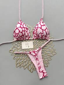 2pcs Casual Elegant Sexy Bohemian Floral Print Tie-Up Braided Bikini Swimwear, Suitable For Beach Vacation In Spring/Summer Pink - Pink - View 1