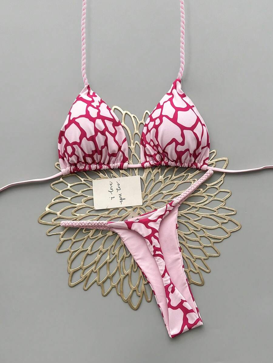 2pcs Casual Elegant Sexy Bohemian Floral Print Tie-Up Braided Bikini Swimwear, Suitable For Beach Vacation In Spring/Summer Pink - Pink - View 1