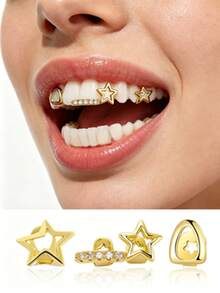 1 Set Hollow Star Bar Combination Hip Hop Style Tooth Jewelry Set, Unisex Personalized Daily Accessories - Gold - View 1