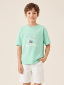Balabala Children's Graphic T-Shirt, Short Sleeve Top For Boys And Girls, Summer - Mint Green - View 1