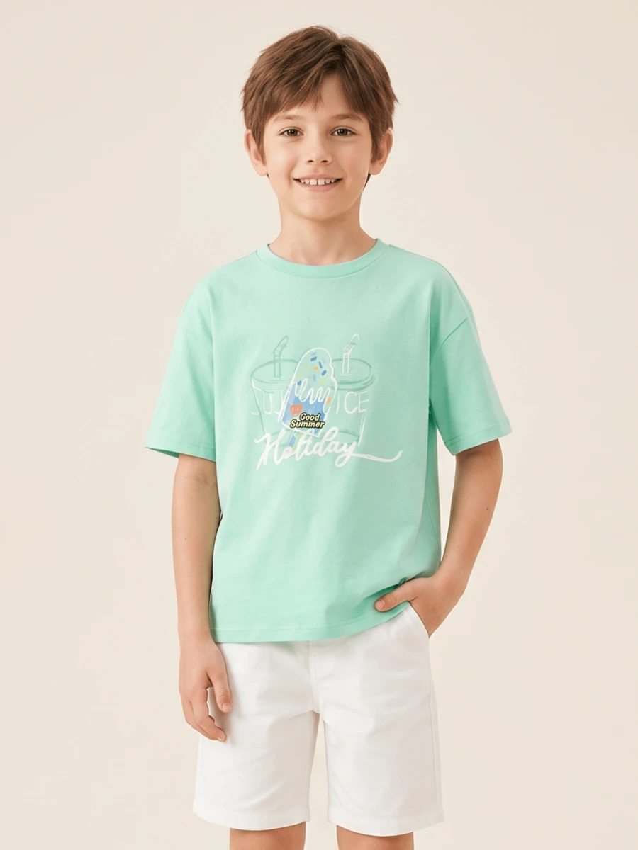 Balabala Children's Graphic T-Shirt, Short Sleeve Top For Boys And Girls, Summer - Mint Green - View 1