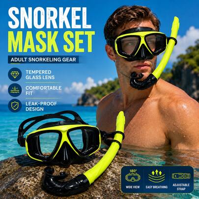 1 Set Adult Snorkeling Mask With Breathing Tube, Tempered Glass Diving Mask, Low Volume Snorkel Mask, Tempered Glass Lens, Wide Vision Swimming Goggles, Adjustable Strap Low Profile Design, Suitable For Diving, Free Diving, Snorkeling - Compatible With Mask, Snorkeling Gear, Water Sports Enthusiasts, Snorkel Set, Swimming Goggles, Beach Essential, Beach Accessories, Pool Floats