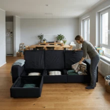 Sofá esquinero con almacenamiento, sofá modular, sofá con otomana, sofá grande para sala de estar, moderno, cómodo, núcleo de muelles ensacados, 245,5 cm - Negro - Ver 6