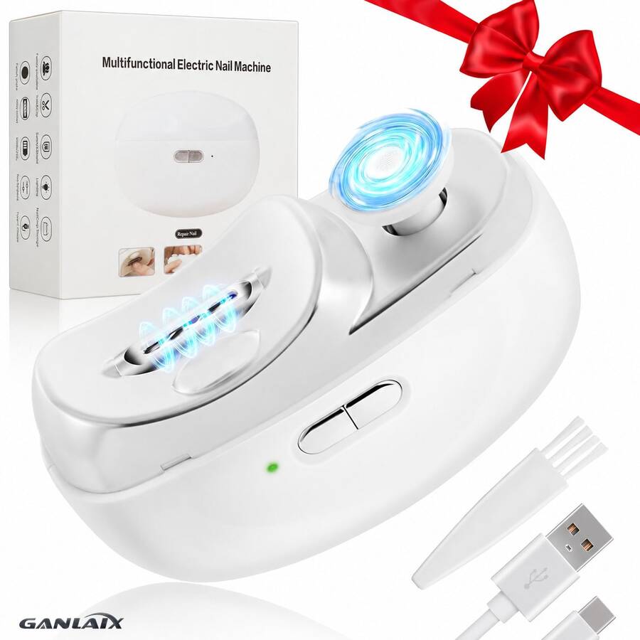 GANLAIX 多功能电动指甲钳，二合一指甲修剪器和抛光器，400mAh 可充电 Type-C 电池，两档速度控制，LED 照明灯，指甲碎屑收集器，便携易用