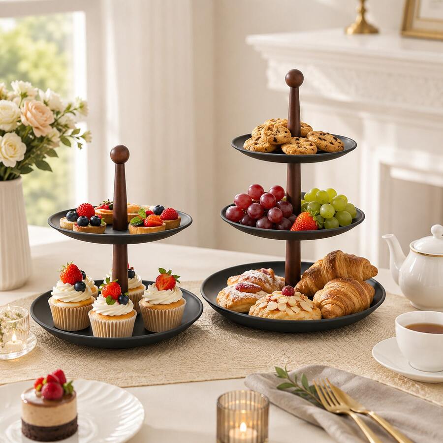 1 pieza, Soporte de servir de 2 o 3 niveles con varilla de soporte de madera, bandeja de exhibición de postres, frutas, pasteles, para té y decoración del hogar - Multicolor - Ver 1