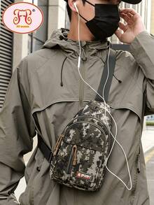 1pc Fashionable Versatile Camo Solid Color Sports Crossbody Bag, Adjustable Strap For Chest/Shoulder/Messenger Wear, Large Capacity Multi-Pocket Design, Durable Water-Resistant Fabric, Built-In Earphone Hole, Ideal For Commuting, Leisure, Outdoor Activities - Black - View 15