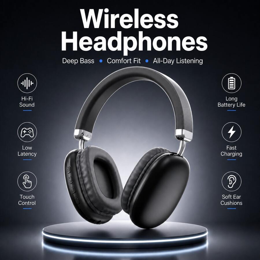 Briame 150mAh Wireless Headphones With Deep Bass, Soft Earpads, Foldable & Adjustable, Suitable For Music, Gaming, Travel And Daily Use - View 1