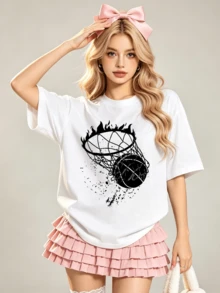 Tricou casual de vară pentru femei, moale, cu guler rotund și mânecă scurtă, cu imprimeu grafic cu coș de baschet în flăcări, potrivit pentru primăvară și vară - alb - Vizualizare 4