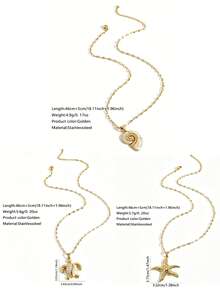 3/1 pieza Collar colgante de acero inoxidable estilo vacaciones costeras para mujer con diseño de vida marina, adecuado para uso diario, vacaciones en la playa o fiesta junto al mar - Amarillo Oro - Ver 11