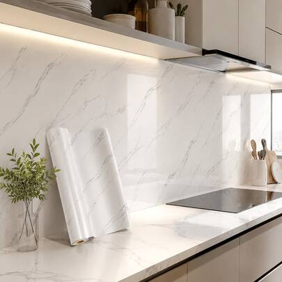 1 Roll White Smooth Marble Self-Adhesive Wallpaper, Waterproof Oil-Resistant Durable Home Decor Wall Sticker, Removable And Reusable For Bedroom, Living Room, Bathroom, Kitchen, Party Decoration, Furniture Decor