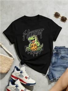 Women's Summer Casual Soft Round Neck Short Sleeve T-Shirt,Happy Crocodile Pumpkin Cartoon Print Graphic For Spring And Summer Wear.Black - Black - View 5