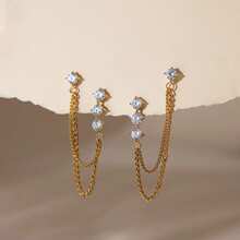 18K Gold Plated 1 Pair Fashion Jewelry Charming Earrings Stainless Steel Gold Plated Multi-Ear Wire Gothic Style Women's Earrings Gift For Sisters Gift For Friends Punk - Multi-diamond Double Ear Wire - View 3