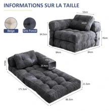 Sofá Cama Plegable 3 en 1 170*85 cm, Butaca, Sofá y Cama Supletoria, Convertible con Reposabrazos, Para Salón o Dormitorio, Gris - Gris - Ver 7