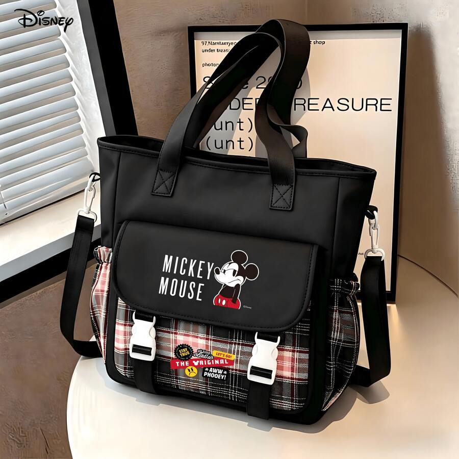 Túi tote Disney Mickey Mouse, thiết kế kẻ caro đen đỏ nguyên bản của Mickey, túi đeo chéo đa năng thích hợp cho trường học, công sở và du lịch. - màu1 - Xem 1