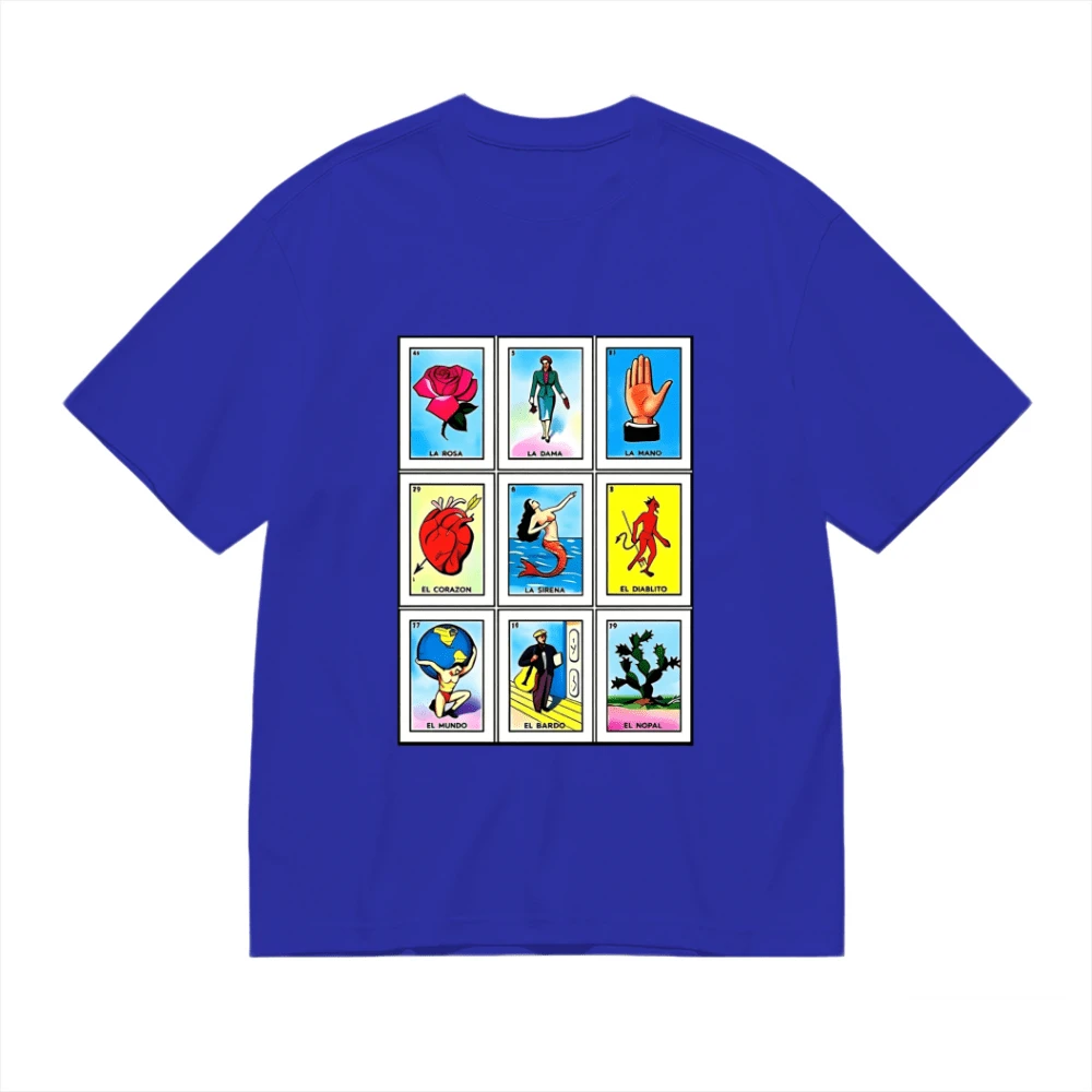Colorful Illustration Depicting Traditional Mexican Playing Cards With Symbols Such As The Rose, Heart, Mermaid, And The World, Celebrating Latin Culture. Women's T-Shirt, 100% Cotton - 藍色 - 查看 1