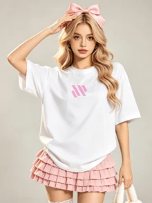 Women's Summer Casual Soft Round Neck Short Sleeve T-Shirt,Minimal Pink Geometric Print Graphic Suitable For Spring Summer. - Blanco - Ver 4