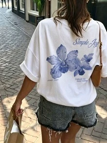 Summer New Minimalist Fashionable Floral & Letter Print Casual Round Neck Short Sleeve T-Shirt, Versatile Daily Wear For Women White - White - View 2