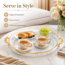 1 Stück elegantes rundes Kunststofftablett mit Goldrand, dekorativem Blumen-Griff, Schminktisch-Aufbewahrungstablett, Dessert-Tee-Obstteller, Heimdekoration - Verschiedenfarbig - Übersicht 6