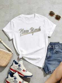 T-shirt casual de verão para mulher, macia, de gola redonda e manga curta, com estampado gráfico New York Script em bege, adequada para uso diário na primavera e no verão, branca - Branco - Ver 5
