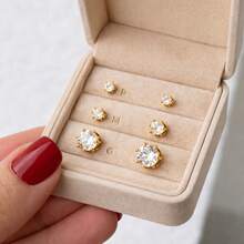 3 Pairs Of Women's Stud Earrings In Gold With Cubic Zirconia, 18k Gold Plated Costume Jewelry - 金色 - 查看 5