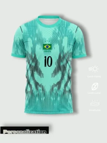 2026 巴西特別版薄荷綠抽象印花足球球衣，可自訂姓名與號碼，適合比賽與休閒穿著運動服 - 綠色 - 查看 2