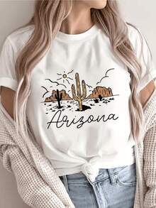 Desert Landscape With Bright Sun, Tall Cacti, And Golden Mountains Evoking The Warmth And Adventure Of The American Southwest. Comfortable Casual Women's T-Shirt For Summer And Everyday Wear. - 白色 - 查看 1