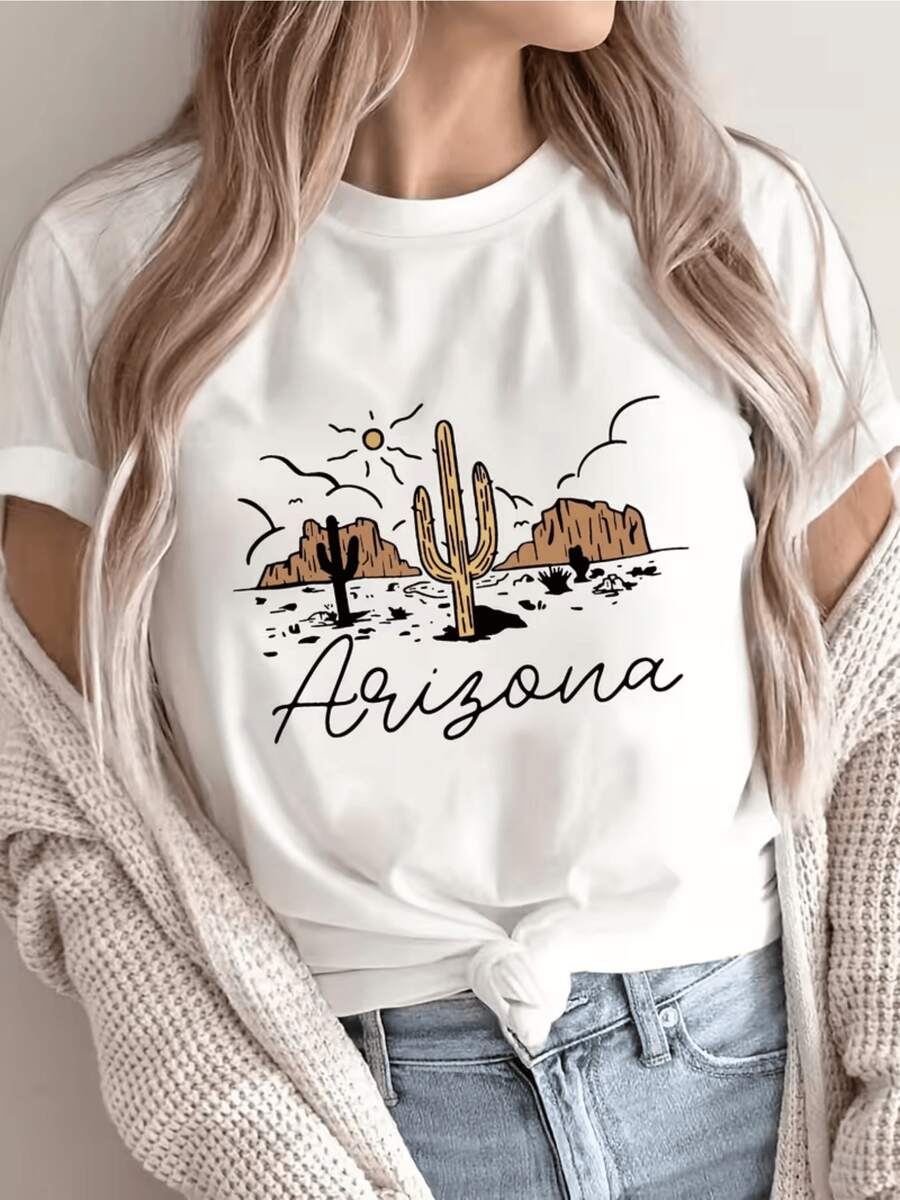 Desert Landscape With Bright Sun, Tall Cacti, And Golden Mountains Evoking The Warmth And Adventure Of The American Southwest. Comfortable Casual Women's T-Shirt For Summer And Everyday Wear. - 白色 - 查看 1
