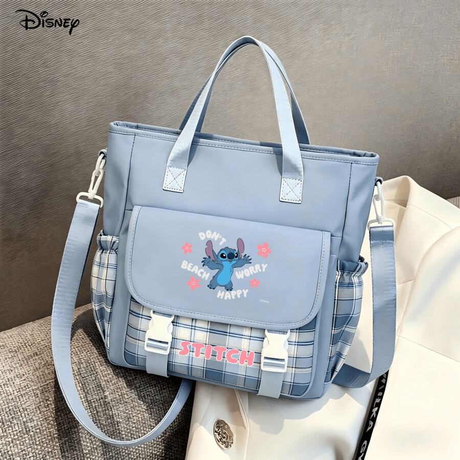 Túi tote Disney Lilo & Stitch - Túi đeo vai in hình Stitch với họa tiết kẻ caro "Đừng lo lắng, hãy vui vẻ", có thể dùng làm túi xách tay, túi đựng laptop, túi đựng đồ học tập, túi đeo chéo, dễ mang theo, kiểu dáng thời trang phù hợp cho công việc, học tập và đi lại hàng ngày. - màu1 - Xem 1