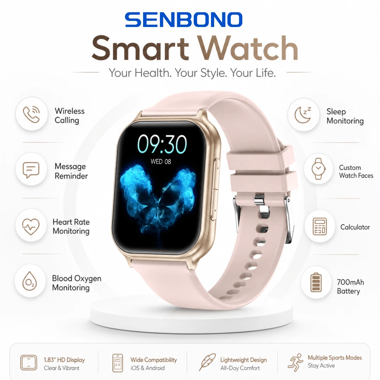 SENBONO Smart Watch For Men & Women With Wireless Calling, Heart Rate & SpO2 Monitor, Multi-Sport Modes, Music & Camera Control, Calculator, DIY Watch Face - View 1