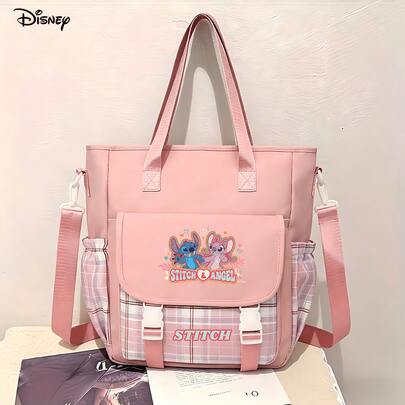 Disney Lilo & Stitch Tote Bag - "Stitch & Angel" Couple Print Pink Plaid Shoulder Bag, Can Be Used As Handbag, Laptop Tote Bag, Tutoring Bag, Crossbody Bag, Easy To Carry, Fashionable Bag Suitable For Work, Study And Daily Commute