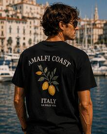Men's Black T-Shirt, Casual Short Sleeve With "Amalfi Coast Italy" Print - 黑色 - 查看 1