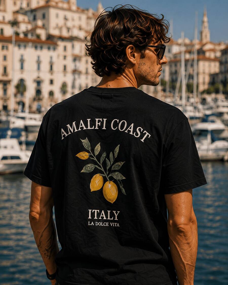 Men's Black T-Shirt, Casual Short Sleeve With "Amalfi Coast Italy" Print - 黑色 - 查看 1