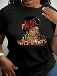 A Woman's Face Decorated With Red Flowers Symbolizing Spiritual Strength And Deep Gratitude, Alongside A Word That Inspires Confidence And Faith. A Comfortable, Casual Women's T-Shirt For Everyday Wear. - 黑色 - 查看 8