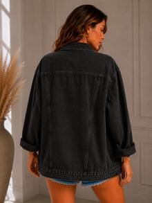 Max Women's Long Oversized Denim Jacket With Pockets For Winter - Dark Grey - View 2