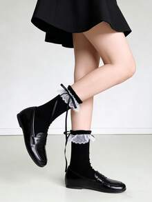 1/3 Pairs Thin Lace Trim Bow Decor Sweet Ballet Style Mid-Calf Socks, Spring/Summer - Multicolor - View 9