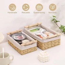 Set Of 2 Storage Basket Wicker Baskets For Organizing With Handle Decorative Storage Bins For Countertop Toilet Paper Storage Basket For Toilet Tank Top Small Baskets Set - Beige - View 6
