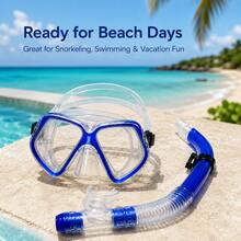 1 set Masque de snorkeling et tuba, lentilles doubles en verre trempé, jupe faciale en PVC, tuba incurvé semi-sec, avec valve de drainage, disponible en bleu/jaune/noir/rose unicolore, convient pour la plage, la piscine, les voyages de snorkeling - Bleu azur - Voir 1