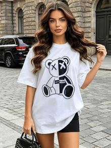 Women's Soft And Casual Short-Sleeved Crew Neck T-Shirt With A Black And White Bear Graphic Print, Suitable For Everyday Wear In Spring And Summer. Black. - 白色 - 查看 10