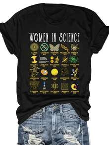 It Showcases An Inspiring Tribute To Pioneering Women In Science With Symbols Of Historical Discoveries And Advancements That Reflect The Power Of Knowledge And Equality. A Modern, Comfortable, Casual Women's T-Shirt For Everyday Wear. - 黑色 - 查看 1