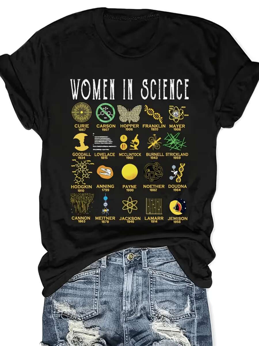It Showcases An Inspiring Tribute To Pioneering Women In Science With Symbols Of Historical Discoveries And Advancements That Reflect The Power Of Knowledge And Equality. A Modern, Comfortable, Casual Women's T-Shirt For Everyday Wear. - 黑色 - 查看 1