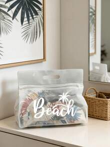 透明防水洗漱包，印有“Beach”字样和棕榈树图案，适合存放洗发水、乳液、化妆品等。时尚实用，适合旅行、通勤、学生和爱美人士，可用于旅行、健身、酒店住宿和日常浴室收纳。用途广泛，也可作为化妆包使用。 - 彩色 - 查看 17