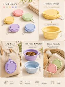 4pcs Portable Collapsible Silicone Pet Bowls, Foldable Dog & Cat Feeding Bowls With Clip-On Carabiner, Multi-Color Travel Water & Food Bowls For Walking, Camping, Outdoor Use - Random Color - View 4