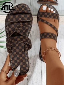 Sandalias planas de unicolor minimalista de punta abierta, de moda para mujeres para vacaciones al aire libre - Marrón - Ver 2