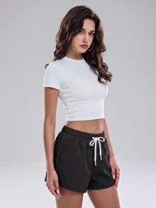 Pantalones cortos casuales con cintura con cordón elástico y bolsillos laterales - Negro - Ver 3
