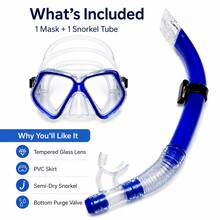 1 set Masque de snorkeling et tuba, lentilles doubles en verre trempé, jupe faciale en PVC, tuba incurvé semi-sec, avec valve de drainage, disponible en bleu/jaune/noir/rose unicolore, convient pour la plage, la piscine, les voyages de snorkeling - Bleu azur - Voir 3