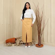 Elegant Straight Tailored Long Skirt, Sizes M40/G42/GG44. Tailored Fabric, Non-Stretch, Formal Style. This Skirt Is Straight, With Pockets, And Fits Very Loosely On The Body. - 黃褐色裸色 - 查看 2