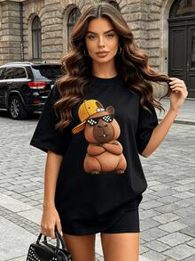 Camiseta de manga corta con cuello redondo suave y casual de verano para mujer, con estampado gráfico de capibara con gafas de sol, adecuada para uso diario y atuendos de primavera y verano. Negro - Negro - Ver 2