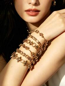 MECYLIFE 1 pieza Pulsera de cadena con remaches estilo cyberpunk, pulsera de acero inoxidable apilable para mujeres - Amarillo Oro - Ver 3